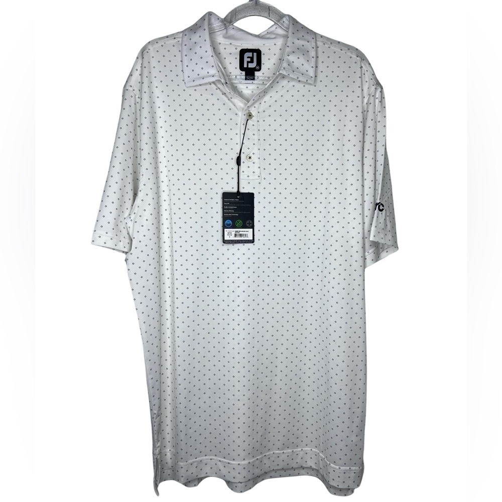 FootJoy NWT Men’s Diamond Print Lisle Self Collar Golf Polo White Navy - Medium
